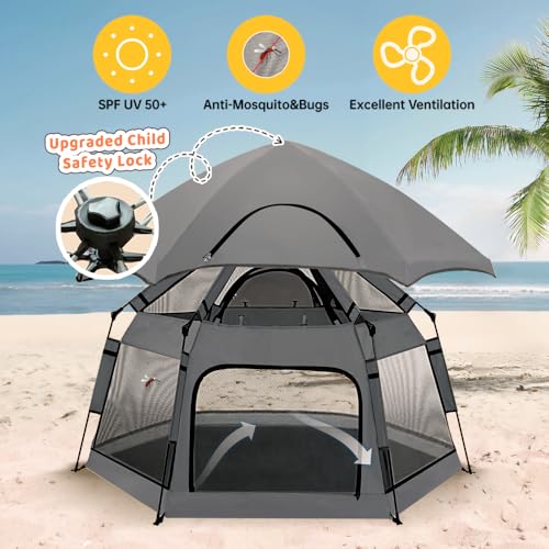 Instant Pop Up Baby Playpen with UV Canopy & Safety Lock, Portable Outdoor Beach Tent Play Yard for Toddlers, Breathable Mesh & Carry Bag, Indoor & Backyard Use (Grey) - color: Grey