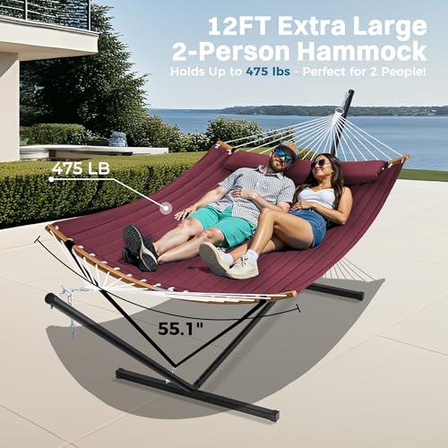 SUPERJARE Curved-Bar Hammock with Stand, 2 Person Heavy Duty Hammock Frame, Detachable Pillow & Portable Carrying Bag, Perfect for Outdoor & Indoor, Burgundy - color: Burgundy