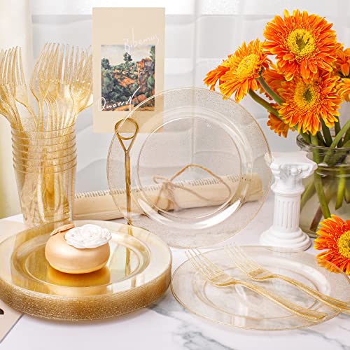 WELLIFE 150PCS Gold Plastic Plates – Gold Glitter Disposable Dinnerware Set for 50 Guests (7.5" Dessert Plates), Includes 50 Plates, 50 Cups & 50 Forks for Wedding & Birthday Party Tableware - color: Gold Glitter(150pcs), size: 50 Guests