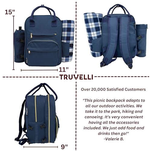 Truvelli Picnic Backpack for 2 with Blanket – 12-in-1 Insulated Picnic Basket Backpack Set with‬ Wine Holder, Cutlery & Cheese Board – Luxury Picnic Back Pack for Couples, Outdoor‬ Adventures, Blue - color: Blue