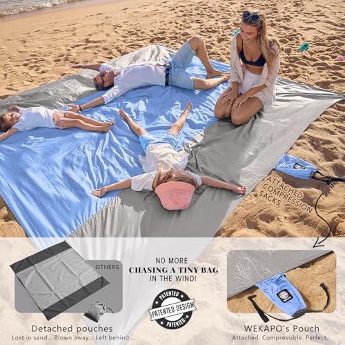 WEKAPO Beach Blanket Sandproof Waterproof, Extra Large Beach Mat, Oversized & Compact Sand Free, Quick Drying Beach Essentials for Vacation, Cruise, Picnic & Camping with Stakes - color: Periwinkle Blue, size: 9x10 Ft (1～8 Person)