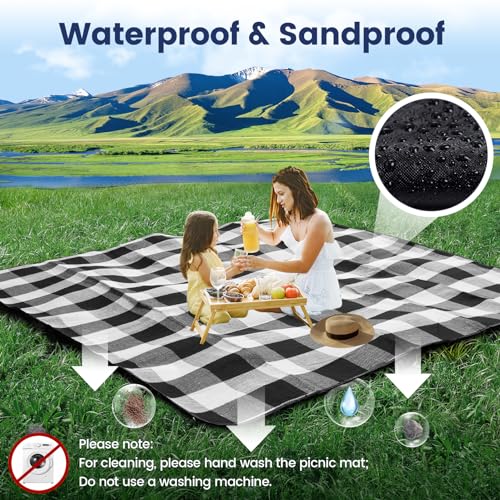 sapsisel 80”x 80” Picnic Blanket Extra Large, Waterproof and Foldable Beach Blanket, 3-Layer Outdoor Blanket for 6 to 8 Adults, for Camping, Park, Beach, Grass, Indoors… - color: Black & White Grids