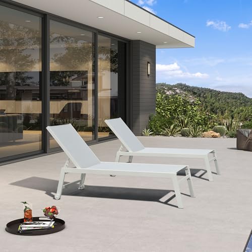 PURPLE LEAF Patio Lounge Chair 2 Pieces White Aluminum Outdoor Chaise Lounge for Pool Backyard Beach with Wheels and Table, Mixed Color - color: Mixed Color, style: Standard Inclining-leg