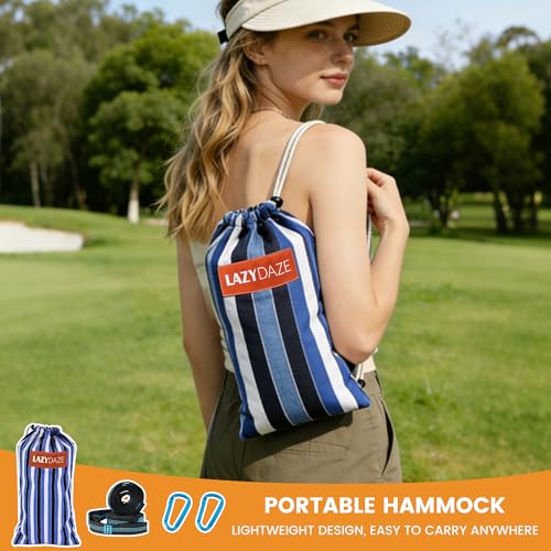 Lazy Daze Hammocks Double Brazilian Cotton Hammock, Extra Large Portable Outdoor Camping Hammock with Tree Straps & Travel Bag for Backyard Patio Poolside Indoor, 550lbs Capacity, Blue - color: Blue