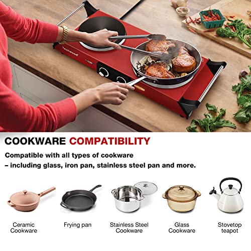 Hot Plate, Techwood 1800W Portable Electric Stove for Cooking Countertop Dual Burner with Adjustable Temperature & Stay Cool Handles, 7.5” Cooktop for Home/RV/Camp, Compatible for All Cookware, Red - color: Red, size: Double Burner