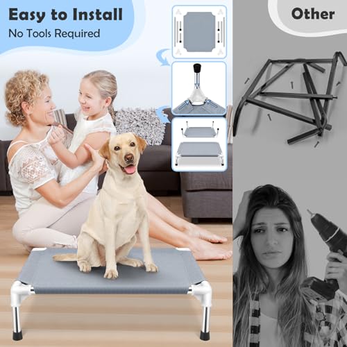 Elevated Cooling Dog Bed, Raised Outdoor Dog Bed for Medium Dogs, Portable Pet Cots with No-Slip Rubber Feet, Double Layer Polyester Cotton - color: Grey-M
