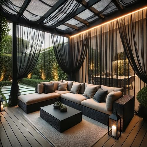 Extra Wide Outdoor Curtains Waterproof Black Voile Mesh Screen Lightweight Privacy Bug Netting for Patio Porch Balcony Pergola Terrace, W125 x L84 inch per Panel, 2 Panels - color: Black, size: 125"W x 84"L (Pack of 2)