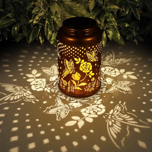 Rose Butterfly Decoration Solar Lanterns Outdoor Waterproof Garden Decor Gifts for Women Mon Grandma Metal Hanging Solar Lights for Outside LED Lanterns for Yard, Patio - style: Butterfly