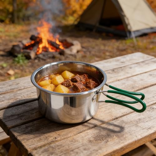 Stainless Steel Camping Cookware, durable, easy to clean, and quick to heat up. Durable camping pots and pans, perfect for family picnics, camping, backpacking, hiking.