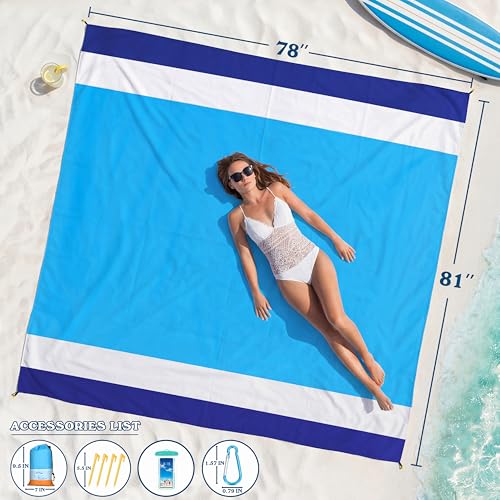 Famstar Beach Blanket Oversized Extra Large 78" X 81",Waterproof Sandproof Beach Blanket 1-7 Adults Lightweight Durable for Travel Camping Hiking Picnic - color: Blue White, size: 78" X 81"