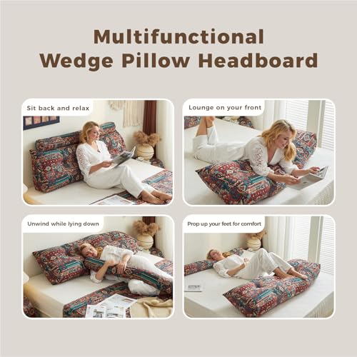 Triangular headboard reading pillow, comfortable sponge wedge queen pillow, disassembleable cotton and linen long strip pillow, sofa backrest pillow - color: Sparks Bloom, size: Full