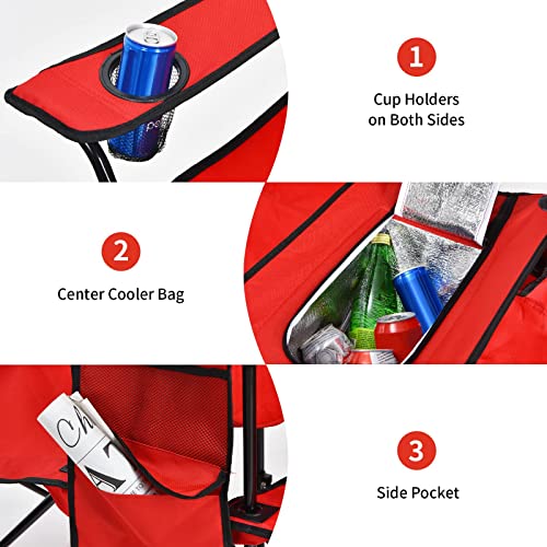 Goplus Double Camping Chair with Umbrella, Folding Loveseat Chairs w/Canopy Shade, Carrying Bag, Table, Cup Holder, Portable Beach Chairs Outdoor Picnic Patio (Red) - color: Red