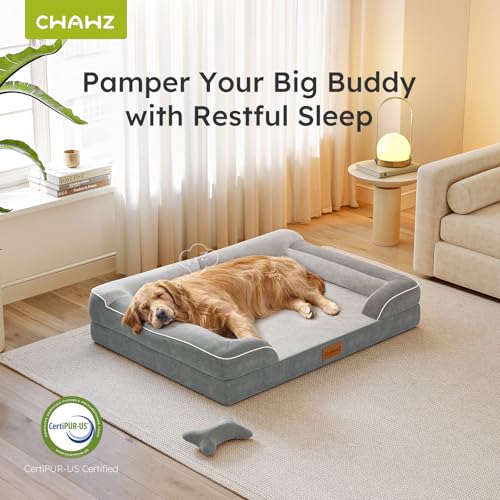 CWAWZ Extra Large Dog Bed, Orthopedic Dog Bed with Cooling Gel Memory Foam, Waterproof XL Pet Bed with Removable Washable Cover, 42" Pet Sofa Couch Dutch Velvet with Bone Toy, Light Gray - color: Light Grey, size: X-Large(42"L x 30"W x 9.5"Th)