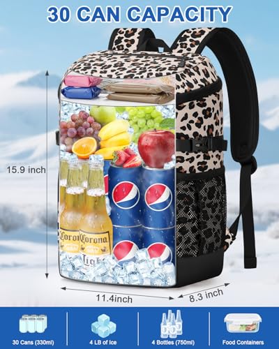 Pritent Cooler Backpack for Men Women Insulated Waterproof Backpack Cooler Leak Proof Cooler Bag Lightweight Lunch Backpack for Camping Beach Travel Picnic - color: Leopard, size: 30 Cans