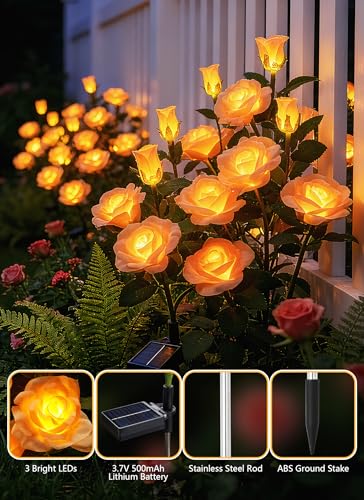 Brightown Outdoor Solar Flower Lights, 4 Pack Solar Garden Light with Larger & More Realistic Champagne Rose, Bigger Solar Panel, Waterproof Solar Lights Outdoor for Yard Garden Lawn Pathway Decor - color: Champagne Rose