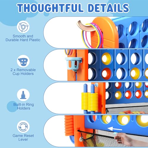 Wdmiya Giant 4 Outdoor Game Set, 4-in-1 Height Adjustable Jumbo 4-in-a-Row Game with Ring Toss, Basketball Hoop & Golf, Backyard Games for Kids & Adults, Includes Mesh Pocket (Upgrade Blue) - color: Upgrade Blue
