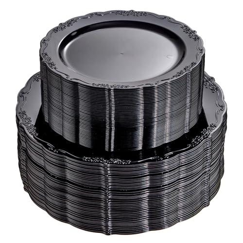 U-QE 100PCS Black Plastic Plates, Heavy Duty Black Plates Including 50PCS 10'' Dinner Plates & 50PCS 7.5'' Dessert Plate - Hard Plastic Plate for Party Wedding Bridal Shower - color: Black