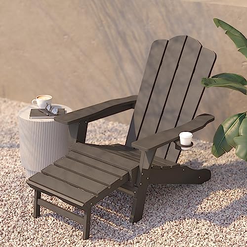Flash Furniture Newport Poly Resin Adirondack Chair with Cup Holder and Pull Out Ottoman, All-Weather Poly Resin Indoor/Outdoor Lounge Chair, Brown - color: Brown, size: 47.25" - 33.25"dx33.75"wx35.75"h