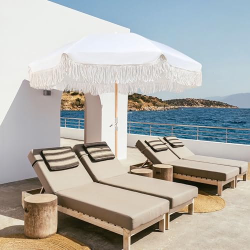 Lefedrasticity Boho Outdoor Umbrella with Tassels,6ft Table Umbrella Outdoor Patio with Knobs Tilt,Wind Resistant Portable Beach Umbrella UPF50+ Fringe Umbrellas For Pool Backyard Deck Garden - color: White