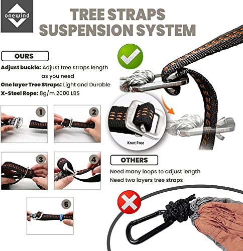 Onewind Camping Hammock, Ultralight Portable Hammock with Adjustable Ridgeline, Outdoor Hammock 20D Ripstop Nylon with 2 * 12Ft Tree Strap, Ideal for Camping, Hiking, Backpacking - color: Brown-single Layer, size: 11' * 55"