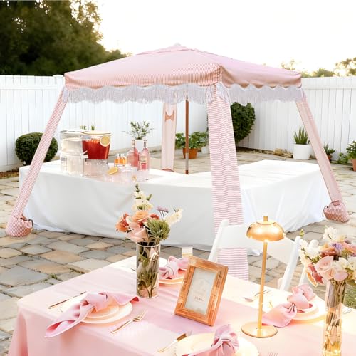 AMMSUN Beach Cabana with Fringe, 7' x 7' Boho Beach Canopy with Tassels, Easy Set up & Premium Wood Pole, Cabana Tent with Sand Pockets, Instant Sun Shade for Sand, Garden, Patio, Pink Stripes - color: Pink Stripes