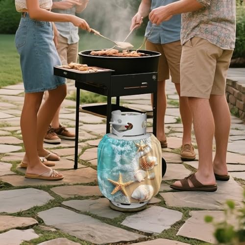 Propane Tank Covers 20lb Starfish Outdoor Heavy Duty Waterproof Windproof Blue Gas Tank Cylinder Cover with Elastic Brand Dress up Your Gas Grill, Fits Standard 20lb Cylinder - color: Starfish Blue