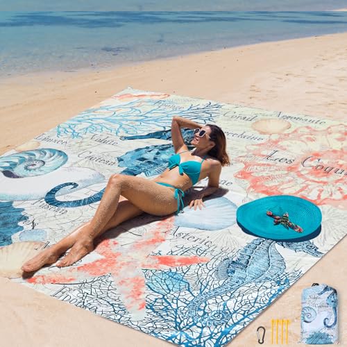 AISPARKY Beach Blanket Waterproof Sandproof Extra Large, Oversized Beach Mat, Quick Drying&Compact&Lightweight, Picnic Blankets Vacation Essentials for Outdoor Beach Camping (79" X 83" (4 Person)) - color: Blue - Vintage Seahorse, size: 6'11" x 6'7"