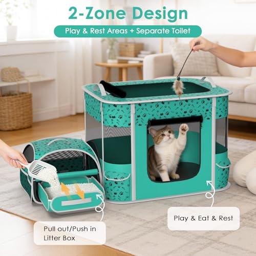 Cat Playpen - Portable Dog Playpen with Litter Box, Foldable Soft Dog Crate for Indoor/Outdoor, Pop Up Cat Enclosure, Collapsible Puppy Kitten Rabbit Cage Tent，2-Room