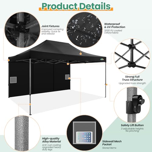 COBIZI 10x15 FT Heavy Duty Pop up Canopy with 4 Removable Sidewalls, Easy up Gazebo High Stability, All Weather Sunshade 100% Waterproof Outdoor Canopy Tents with Carry Bag, Black - color: Black, size: 10x15 with 4 sidewalls
