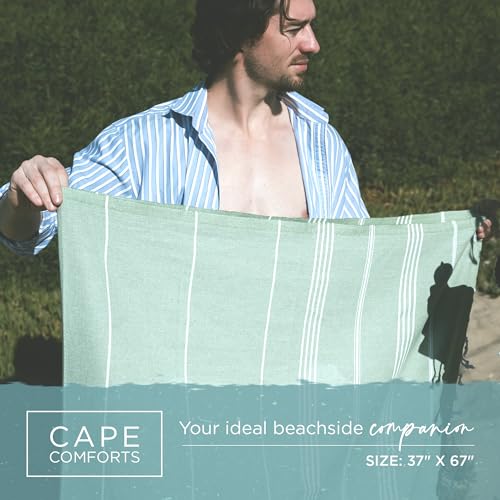 Cape Comforts Large Turkish Beach Towel, Classic Sage - Super Soft & Lightweight Quick Dry Absorbent Towels for Beach, Picnic Blanket or Bath Towel - Sand Free Organic Turkish Cotton Yarn - color: Classic - Sage