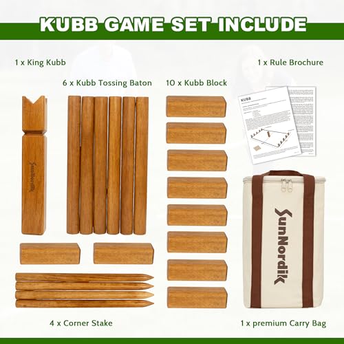 SunNordik Kubb Yard Game Set, Giant Viking Chess Outdoor Tossing Game with Carry Bag, Rubber Wood Backyard Lawn Game for Kids & Beginner - color: Yellow Brown