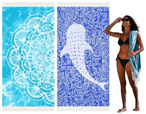 Widdonen 2 Pack Turkish Beach Towel Quick Dry Absorbent Cotton Lightweight Thin Bathroom Bath Pool Swim Towels Extra Large Oversized Sand Free Beach Accessories Essentials Stuff Cloud Adults Gift - color: 2 Pack Blue Flower Blue Whale, size: X-large(79 X
