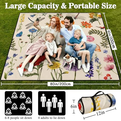 Picnic Blankets Waterproof Foldable Extra Large,80"x 80" Outdoor Beach Blanket Sandproof,3-Layer Lightweight Handy Mat Tote Picnic Camping Rugs for Outside Your Rv (Farmhouse Floral) - color: Picnic Blankets 2