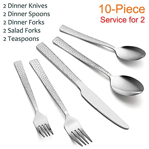 E-far 10-Piece Hammered Silverware Set, Stainless Steel Square Flatware Set Service for 2, Tableware Cutlery Set Includes Forks Spoons Knives, Modern Design & Mirror Polished - Dishwasher Safe - size: 10-Piece for 2