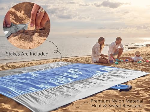 WEKAPO Beach Blanket Sandproof Waterproof, Extra Large Beach Mat, Oversized & Compact Sand Free, Quick Drying Beach Essentials for Vacation, Cruise, Picnic & Camping with Stakes - color: Periwinkle Blue, size: 7x7 FT (1～3 person)