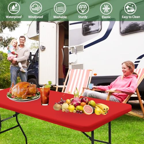 4 Pack Picnic Fitted Table Cover for 6 Foot Tablecloth for Rectangle Tables Waterproof Stretch Washable Folding Indoor and Outdoor Spandex Table Cloth for Camping Banquet and Parties (Red,30" x 72") - color: Red, size: 30"x72" (Pack of 4)