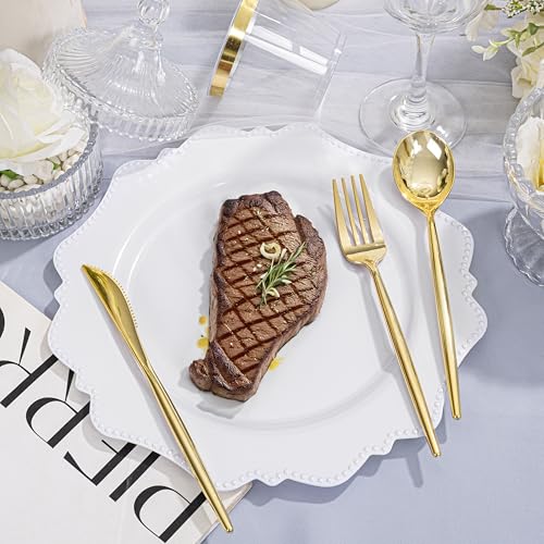 COLOSUS 350pcs White Plastic Plates Disposable Gold Cutlery Dinnerware set for party: 50 Dinner Plate, 50 Dessert Plate, 50 Per Rolled Napkins with Gold Silverware, 50 Cups 9 OZ for New Year - color: White