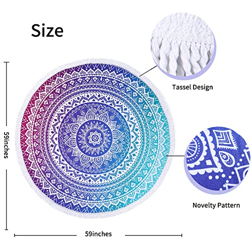 Benefeet Sox Beach Towel Large Round Mandala Pool Towels Tassels Microfiber Quick Dry Beach Blanket Throw Bohemian Roundie Swim Pool Circle Towel, 59 Inches - color: Mandala Gradient, Blue Purple White
