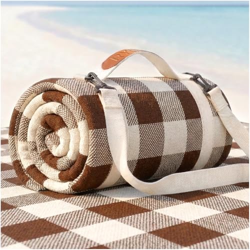 Waterproof Beach Blanket Picnic Outdoor Camping Mat Oversized Extra Large Foldable Sandproof Sand Free Resistant Big XL Giant Towel Hawaii Honeymoon Essentials Women Summer Must Have Vacation Gift - color: Plaid Beige