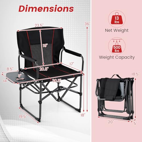 Goplus Folding Camping Chair, 2 Pack Heavy-Duty Director Chair with Side Table & Cup Holder, Portable Padded Chair with Carrying Bag for Picnic Beach Fishing Sports, Supports up to 500 LBS, Black - color: Black