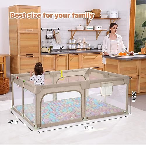 Dripex Large Baby Playpen 71"x47", Big Play Pens for Babies and Toddlers- Indoor & Outdoor Kids Safe Play Area, Soft Breathable Visible Mesh, Anti-Fall & Anti-Slip Design Baby Fence, Beige - color: Beige, size: 71"×47"