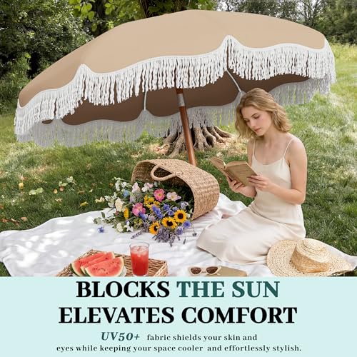 AreShark 7ft Patio Umbrella with Fringe, UPF50+ Beach Umbrella for Table, Pool & Garden, Portable Outdoor Tassels Umbrella w/Fiberglass Ribs&Push Bottom Tilt(Beige) - color: Beige, size: 7FT
