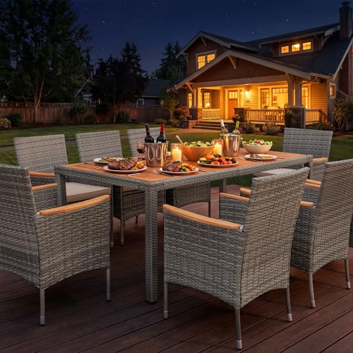 Devoko Outdoor Patio Dining Sets 9 Pieces Wicker Outdoor Dining Table and Chairs Set with Acacia Wood Table Top and Widened Armrests for Backyard, Garden, Deck (Grey) - color: Grey, style: 9 Piece Dining Set