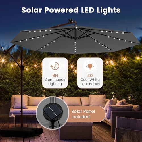 Tangkula 10FT Offset Patio Umbrella with Base Included, Outdoor Cantilever Umbrella with 40 Solar LED Lights, Tilt Adjustment, Crank Handle, Vented Top, Sand Bags for Pool Yard Deck (Gray) - color: Gray