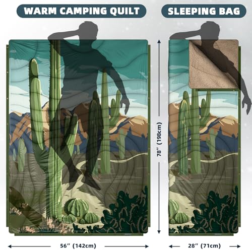 Outdoor Camping Blanket with Sherpa Lining, Extra Warm Thick Camp Blankets and Puffy Ultralight Soft Poncho DWR Camping Quilt for Cold Weather, Adventure, Sleeping, Backpacking 78"x 56" - color: Cactus Green, size: 78 x 56 inches