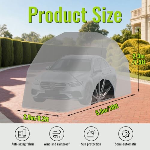 Heavy Duty Carport, 18×8.2×7.5FT Stainless Steel Retractable Garage, Folding All Weather Proof Car Port, for Car, Boat, Car Canopy with All-Season Tarp