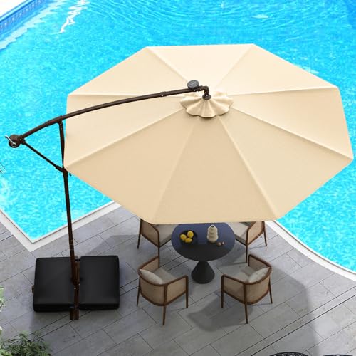 Tangkula 10FT Offset Patio Umbrella with Base Included, Outdoor Cantilever Umbrella with 40 Solar LED Lights, Tilt Adjustment, Crank Handle, Vented Top, Sand Bags for Pool Yard Deck (Beige) - color: Beige