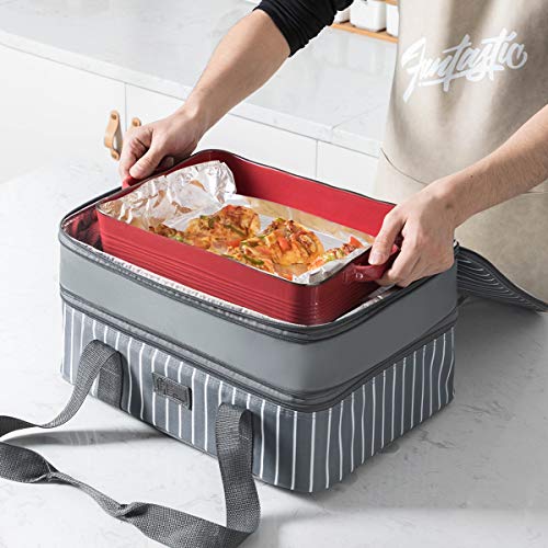 FE FUN ELEMENTS Casserole Carrier, Expandable Insulated Casserole Carriers for Hot or Cold Food, Lasagna Lugger for Parties, Fits 9" x 13" Baking Dish, Grey - style: Double