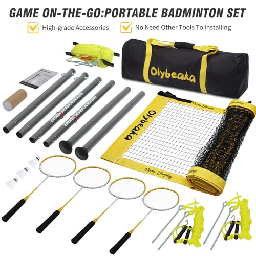 Outdoor Badminton Set for Backyard Lawn Beach Portable Badminton Net Set System with Anti Sagging Design 4 Carbon Aluminum Rackets 3 Birdies and Carrying Bag - color: Yellow