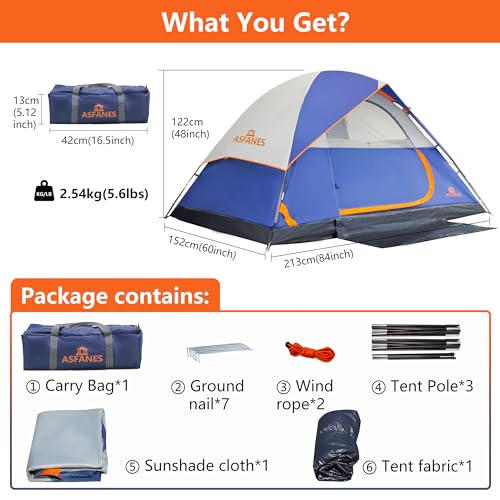 ASFANES Sundome Camping Tent with Rainfly, 2/4/6/10 Person Tent Sets Up in 10 Mins, Weatherproof Shelter for Camping, Festivals, Backyard, Sleepovers, & More - color: Navy Blue(2 People), size: 2 People